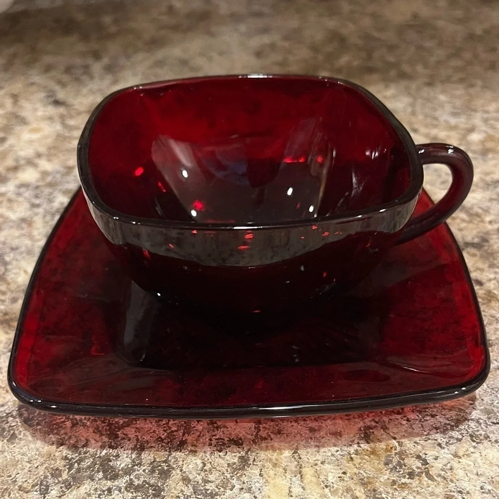 Anchor Hocking Royal Ruby Red Charm Square Tea Cup and Saucer Vintage